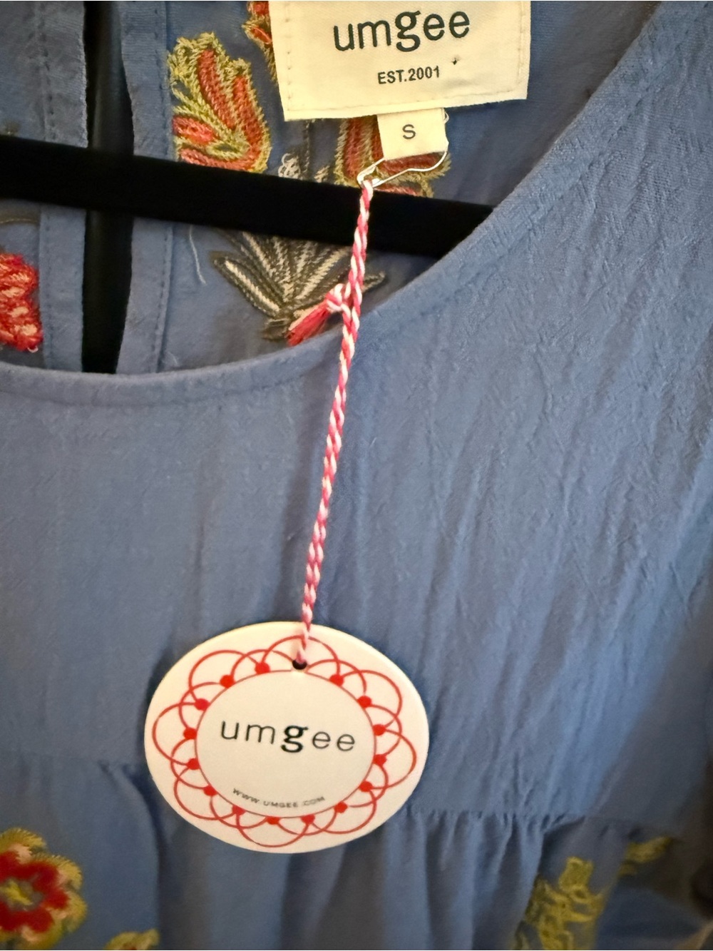 Umgee Light Blue Tiered mini Dress with Multicolor Floral Embroidery NWT - Picture 6 of 7